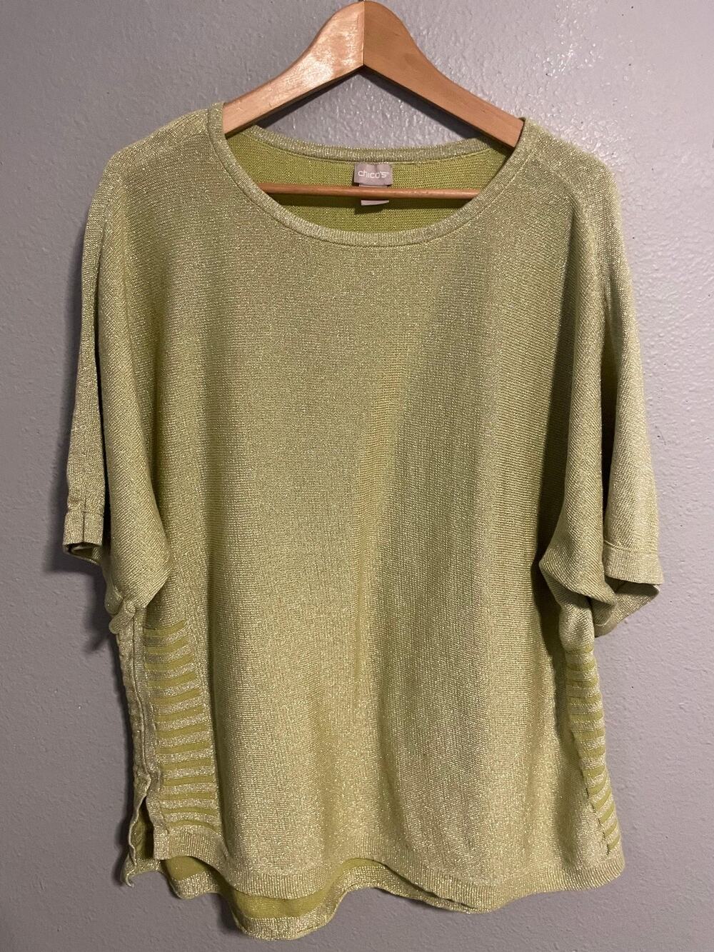 Chicos Womens Tunic Size 3 US XL Green Metallic Knit Dolman Sleeve Casual Modern
